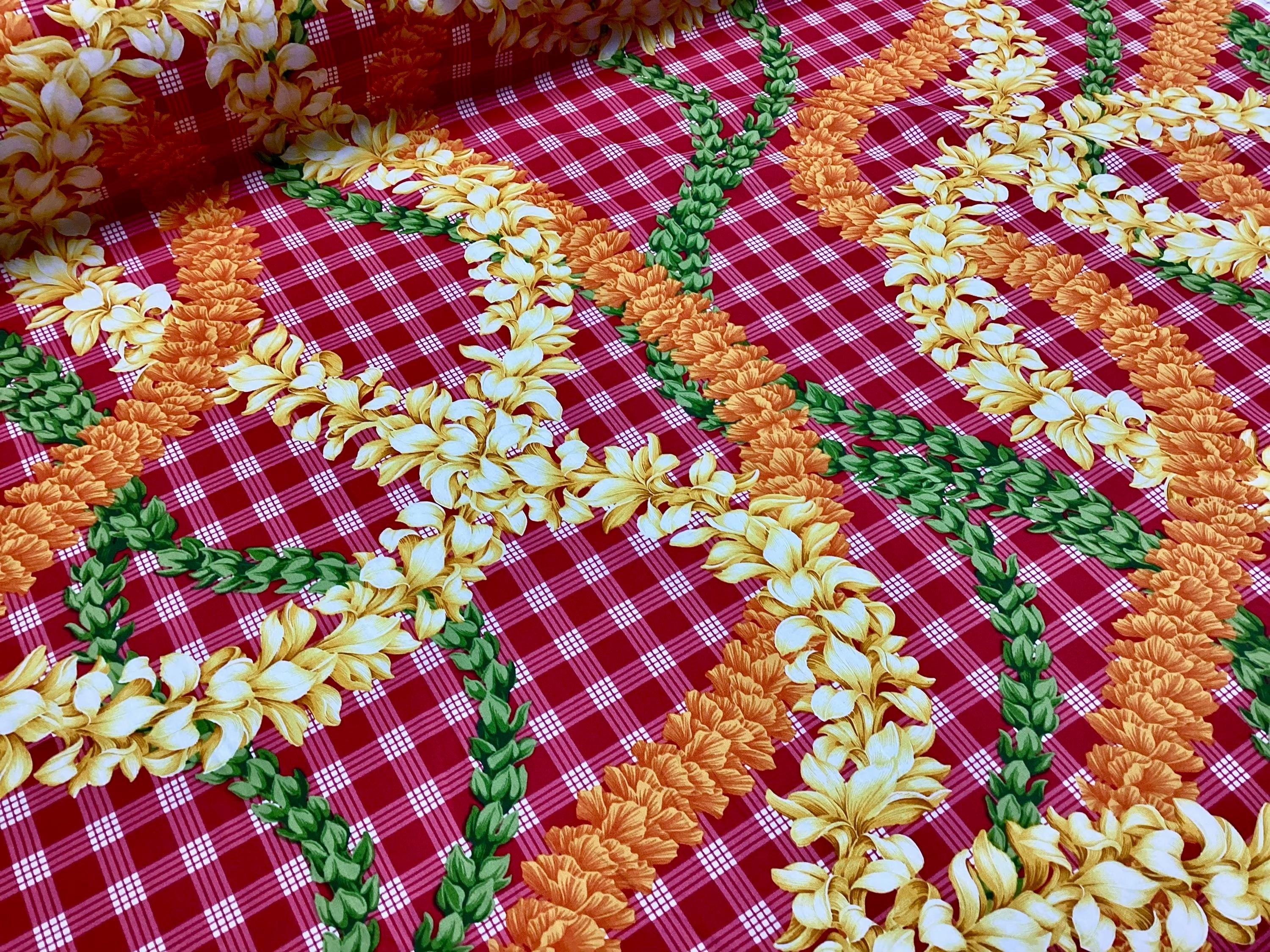 Beautiful Flower Leis on Printed Red Palaka Hawaiian Print 100