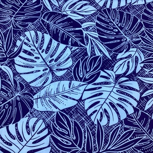 May include: Blue and white tropical leaf pattern fabric. The fabric has a textured background and features a repeating pattern of large and small leaves.