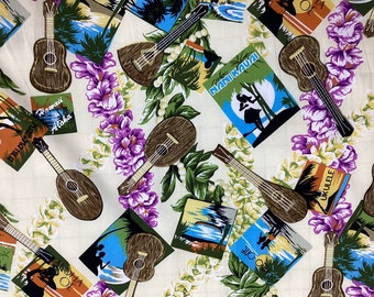 Classic Ukulele Postcard Hawaiian Print 100% Cotton Fabric Sold by the Yard
