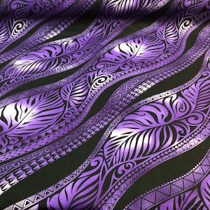 Diagonal Ombre Tribal in Purple on Black Hawaiian Print Fabric in 100% Cotton Sold by the Yard