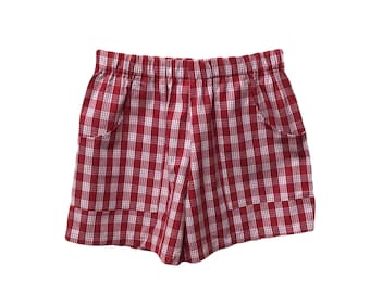 Women's High Waist Elastic Palaka Shorts with Pockets (Red Palaka Shown in Photo)