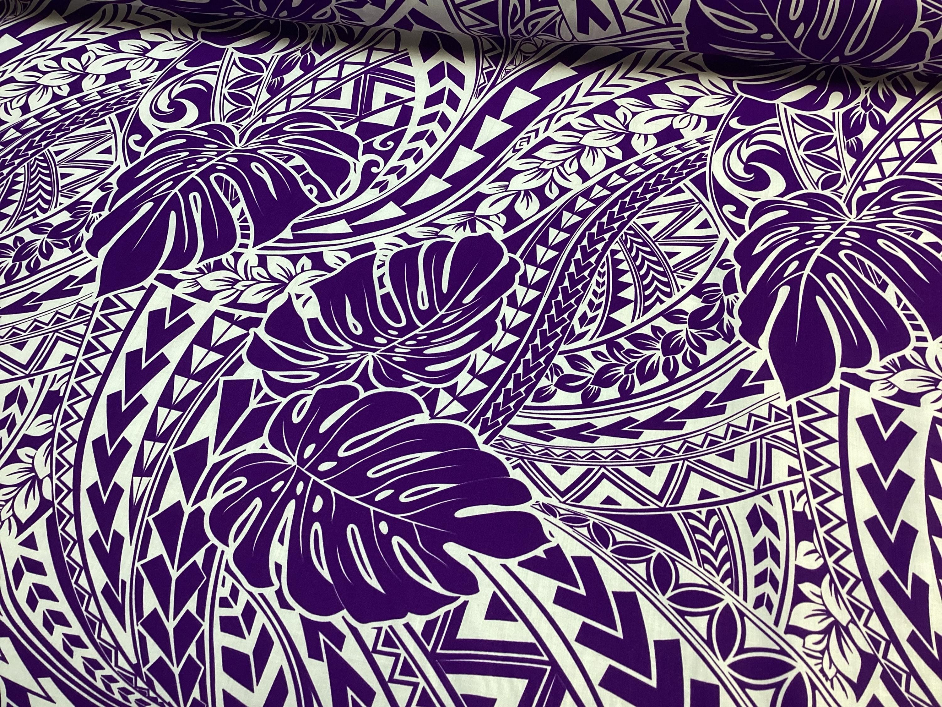 ラ*ー様 お安く!⭕️Custom hawaiian fabric◎Pivot◎ Purple Hawaiian Tribal With Monstera Leaf in Poly Cotton Hawaiian