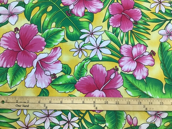 SALE Yellow Hawaiian Print Fabric Poly-cotton (yardage Available