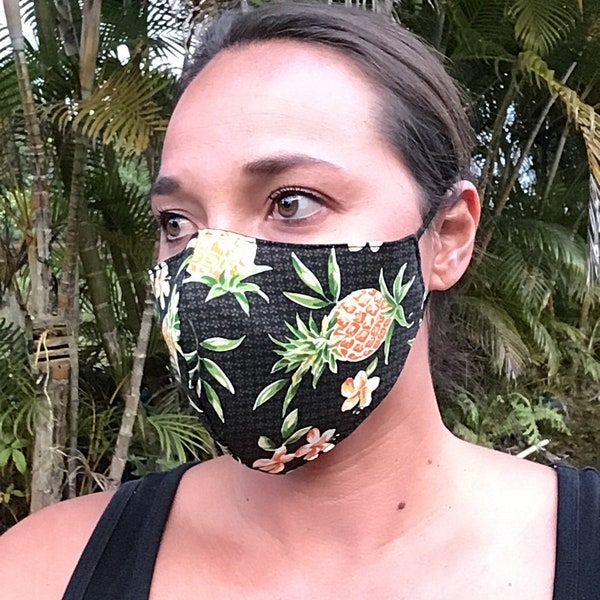 Adjustable Hawaiian Print Black Pineapple Face Mask One Size fits All