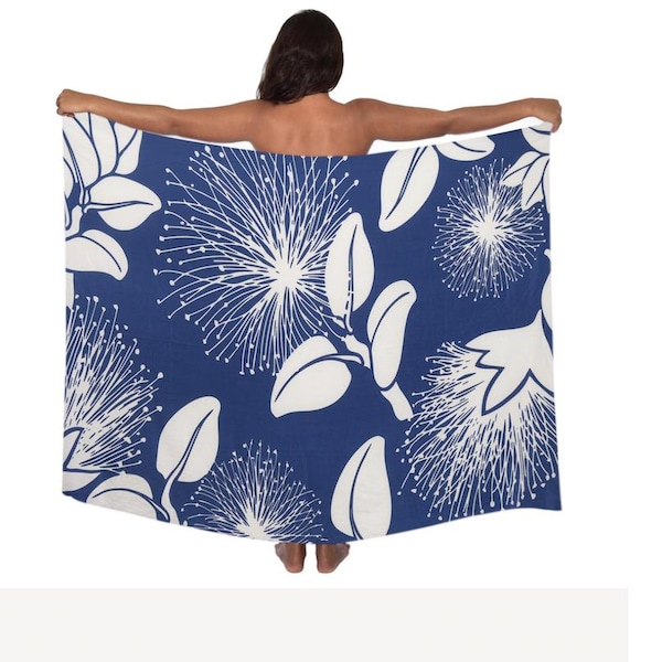 PREMIUM White on Navy Blue Lehua Blossom Design Pareo (sarong) Lava lava 100% Rayon Cover up