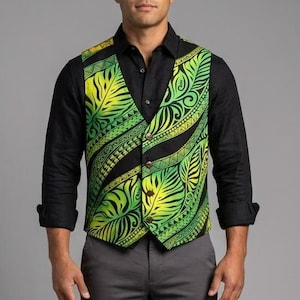 Men's lined  Green Tribal Hawaiian Print 100% Cotton Vest with Coconut Buttons, Custom made at time of Purchase