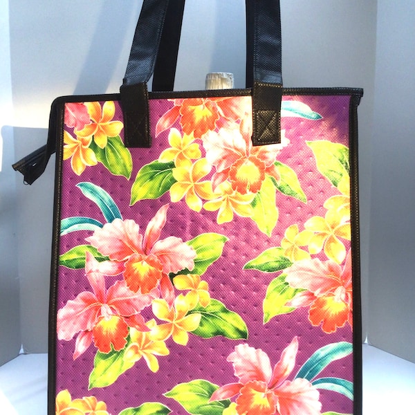 Large Insulated Hot or Cold Reuseable Hawaiian Print Bag Purple Watermark Floral