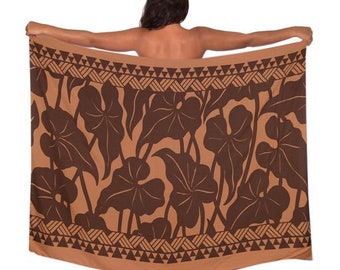 Premium Taro Design with Borders in Hazel/French Roast Brown Hawaiian Print  Pareo (sarong) Lava lava 100% Rayon Cover up