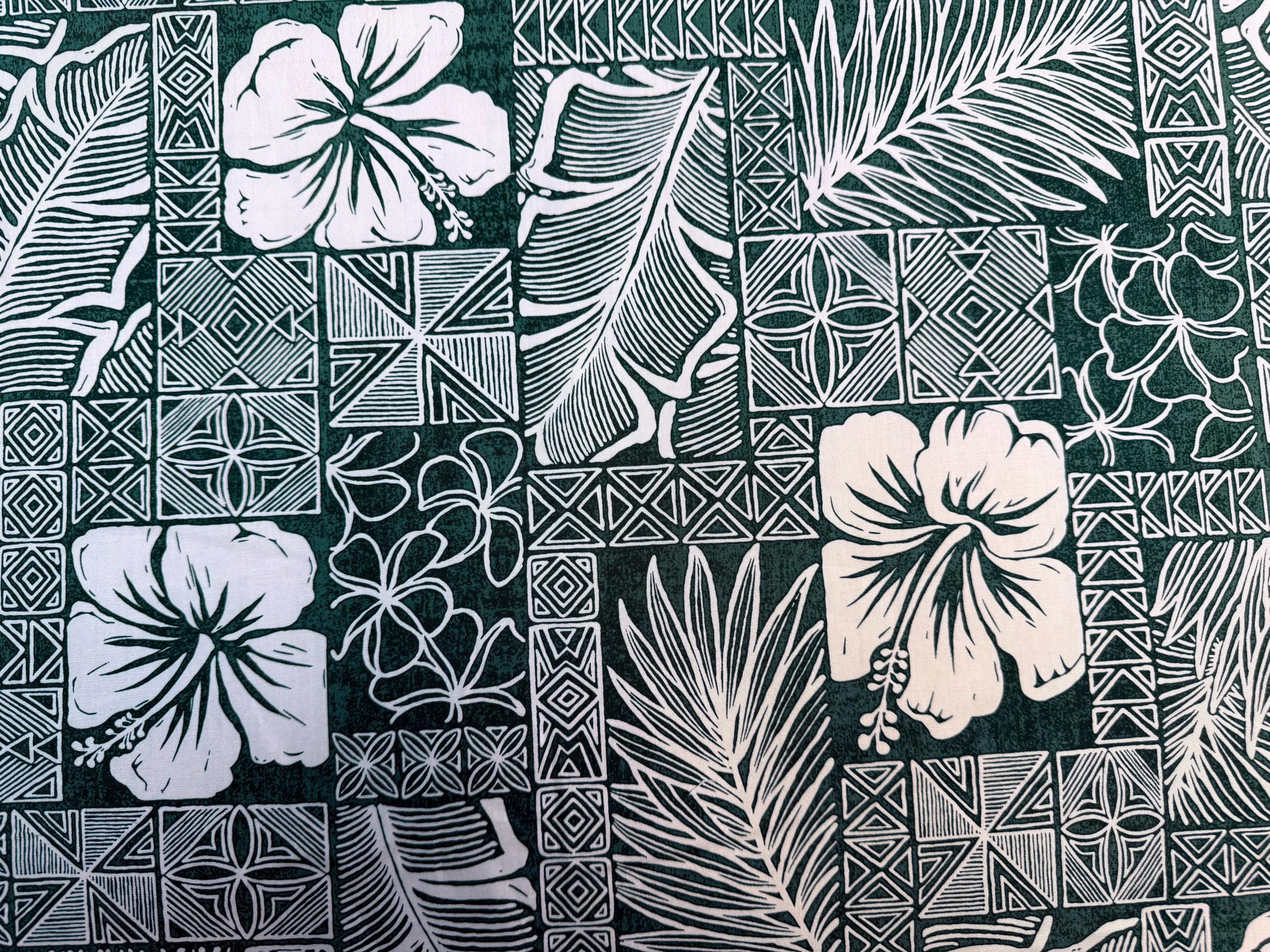 Beautiful Hawaiian Print Fabric With Hibiscus in Hunter Green Sold