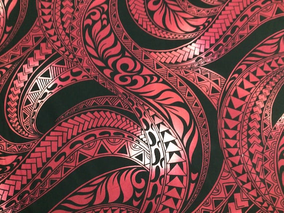 Red on Black Swirly Ombre Tribal Hawaiian Print Fabric 100
