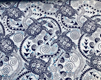 Blue on Creme Honu Turtle Tribal in Poly Cotton Hawaiian Print Fabric Sold by the Yard
