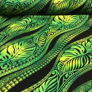 Diagonal Ombre Tribal in Green/Yellow on Black Hawaiian Print Fabric in 100% Cotton Sold by the Yard