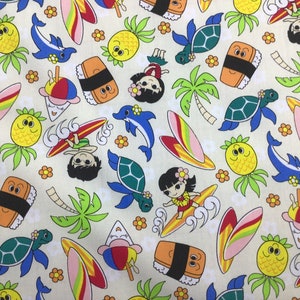 Fun Hawaiian Print on crème Background 100% Cotton Fabric Sold by the Yard