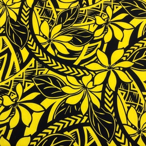 Yellow And Black Tribal with Tiare Flowers Hawaiian Print In Poly-Cotton    (Yardage Available)