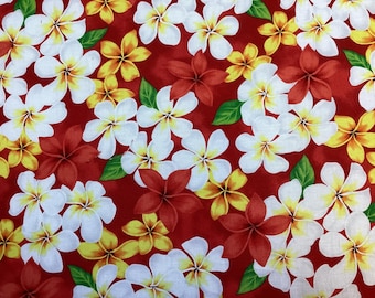 Red Plumeria Galore Hawaiian Print Fabric sold by the yard in 100% Cotton