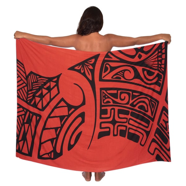 Léger Noir sur Chili Poivre Rouge Hilo Tribal Design Pareo (sarong) Lave 100% Rayonne Cover up