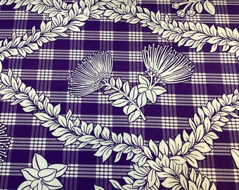 Purple Palaka with Tropical Leis and Lehua Blossoms Hawaiian Print Fabric 100% Cotton Sold by the Yard