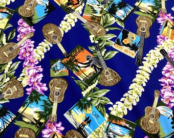 Classic Ukulele Postcard Hawaiian Print 100% Cotton Fabric Sold by the Yard