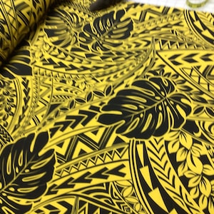 Beautiful Black and Yellow Tribal with Monstera Leaf Poly/Cotton Blend Hawaiian Print Fabric Sold by the Yard