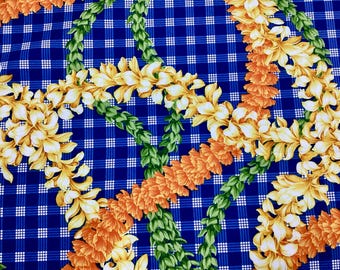 Beautiful Flower Leis on Printed Blue Palaka Hawaiian Print 100