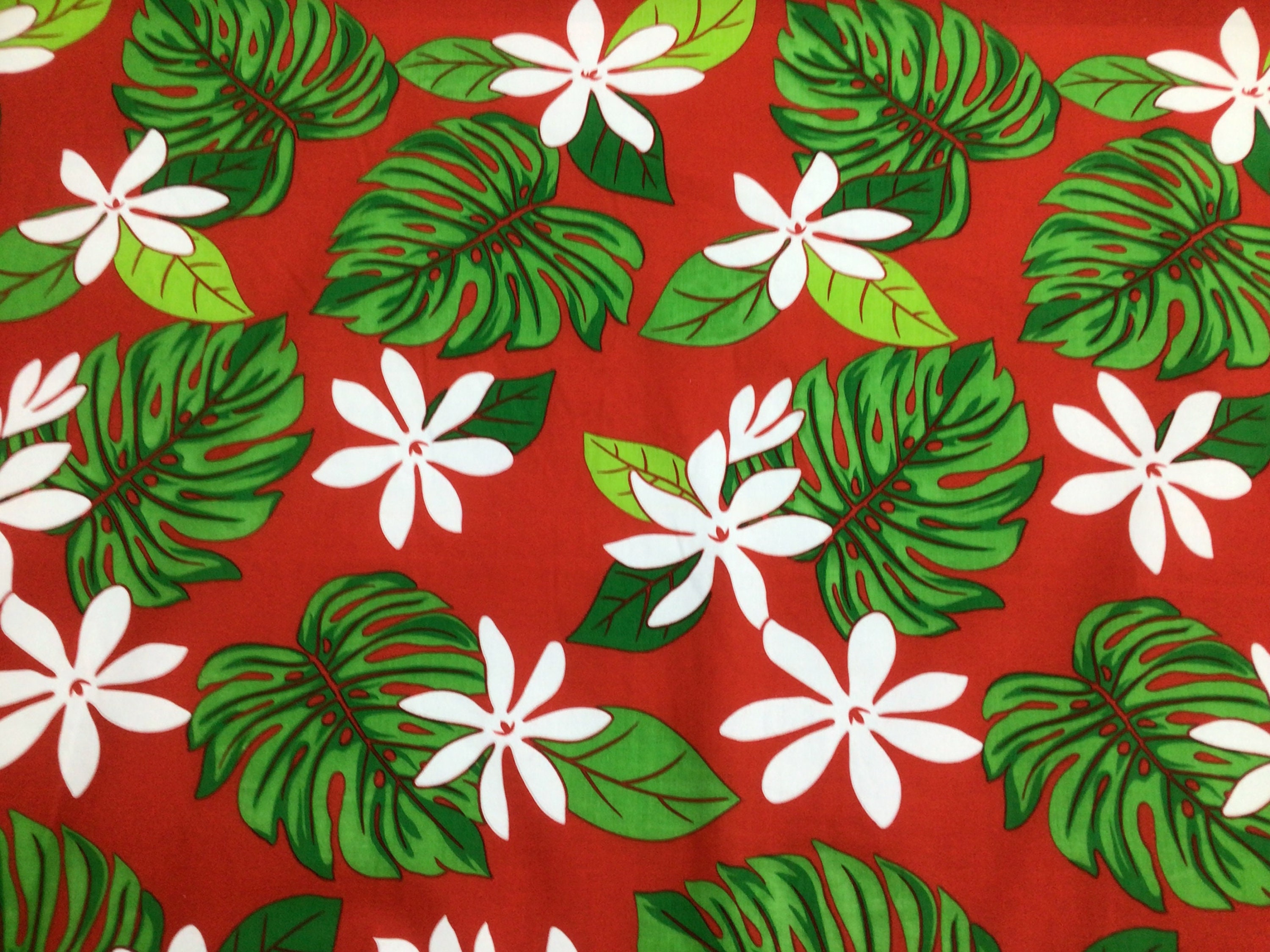 Tropical Tiare Flower Hawaiian Print Poly Cotton Fabric on Red