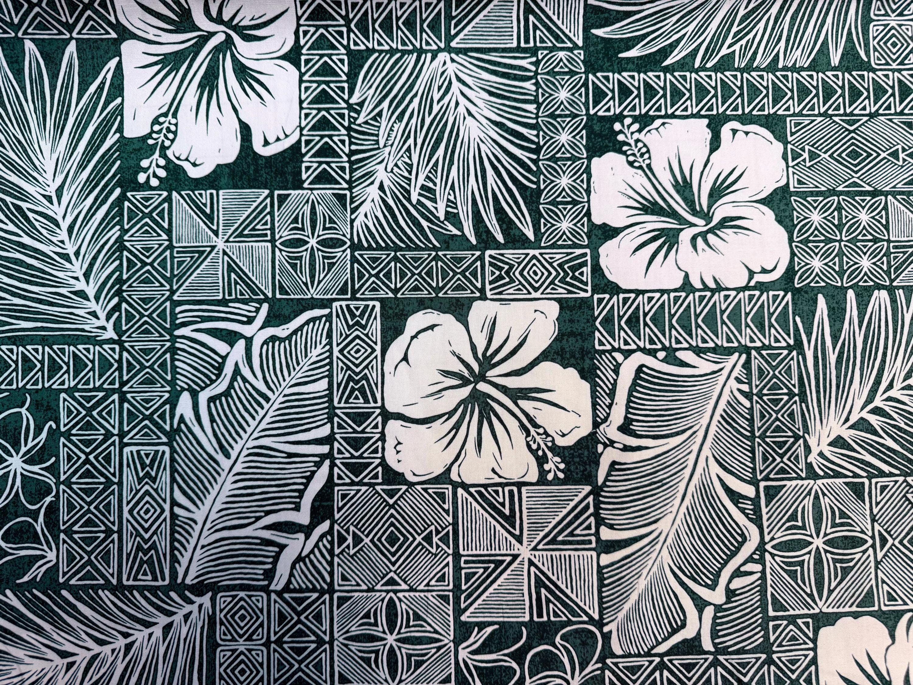 Beautiful Hawaiian Print Fabric With Hibiscus in Hunter Green Sold