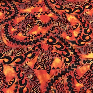 Tropical Red Tribal with Honu (turtles) Hawaiian Print Fabric 100% Cotton Sold by the Yard