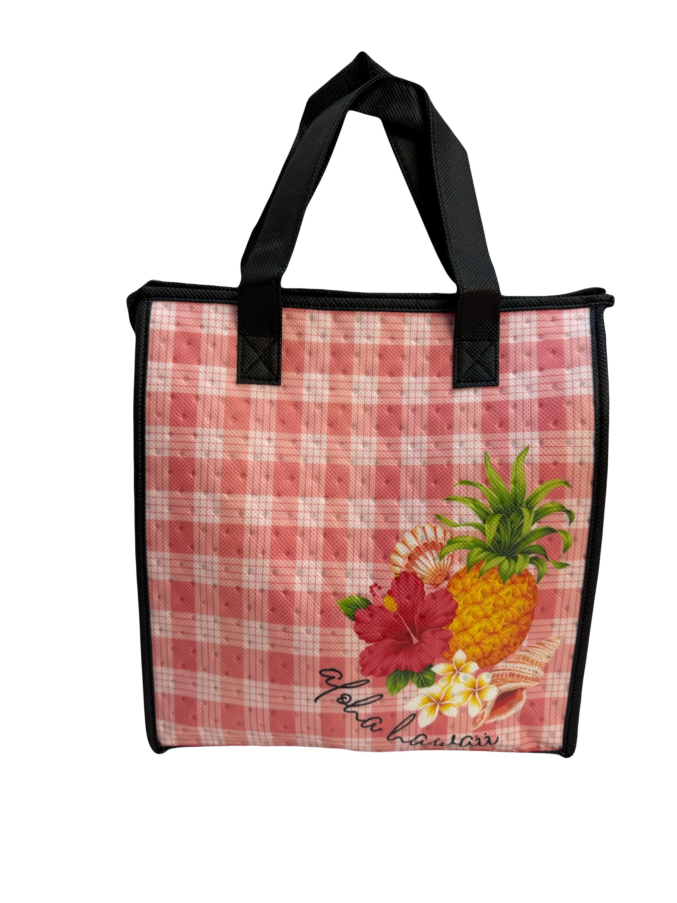 Medium Insulated Hot or Cold Reuseable Hawaiian Print Bag in Printed Red Palaka with tropical flowers