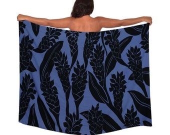 Buy 5, Get one FREE!! Lightweight lavender/Black Ginger Flower Hawaiian Print Pareo (Sarong) Cover up  100% Rayon