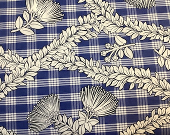 Blue Palaka with Tropical Leis and Lehua Blossoms Hawaiian Print Fabric 100% Cotton Sold by the Yard