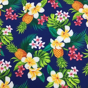 Tropical Pineapple Hawaiian Print in 100% Cotton  in Blue  (Yardage Available)