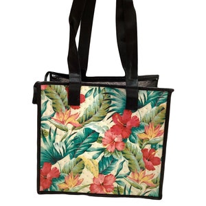 Medium Tote Style Insulated Hot or Cold Reuseable Hawaiian Print Bag Hibiscus Bird of Paradise Floral