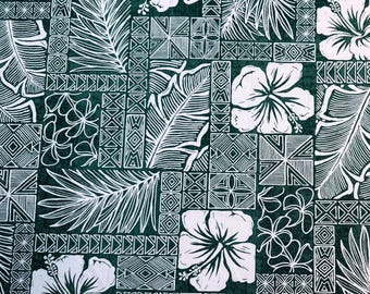 Beautiful Hawaiian Print Fabric With Hibiscus in Hunter Green Sold