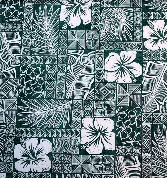 1点物⭕️お安く!◎Custom hawaiian fabric◎NR2◎9.7 Beautiful Hawaiian Print Fabric With Hibiscus in Hunter Green Sold