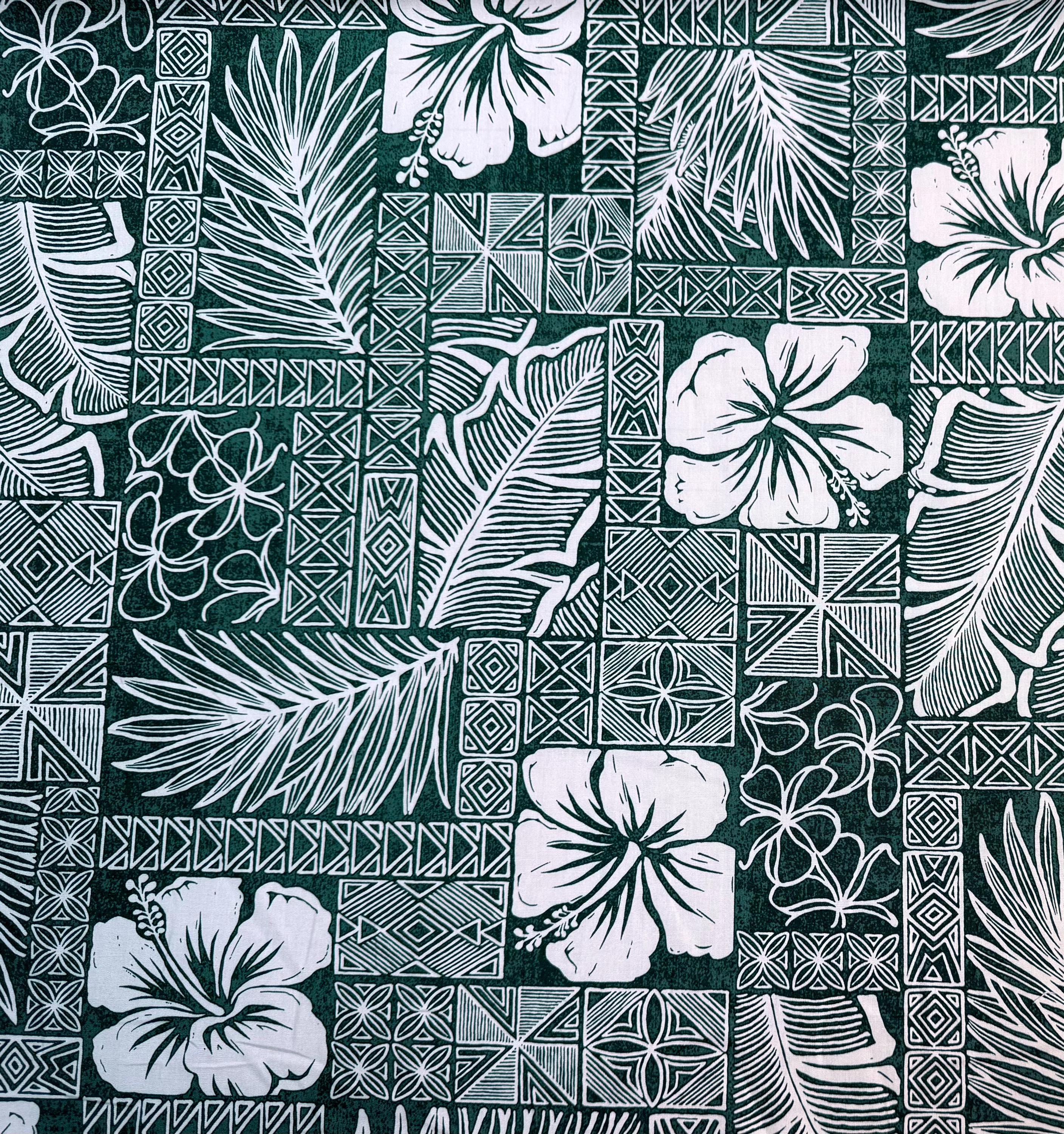 1点物⭕️お安く!◎Custom hawaiian fabric◎NR2◎9.7 Beautiful Hawaiian Print Fabric With Hibiscus in Hunter Green Sold