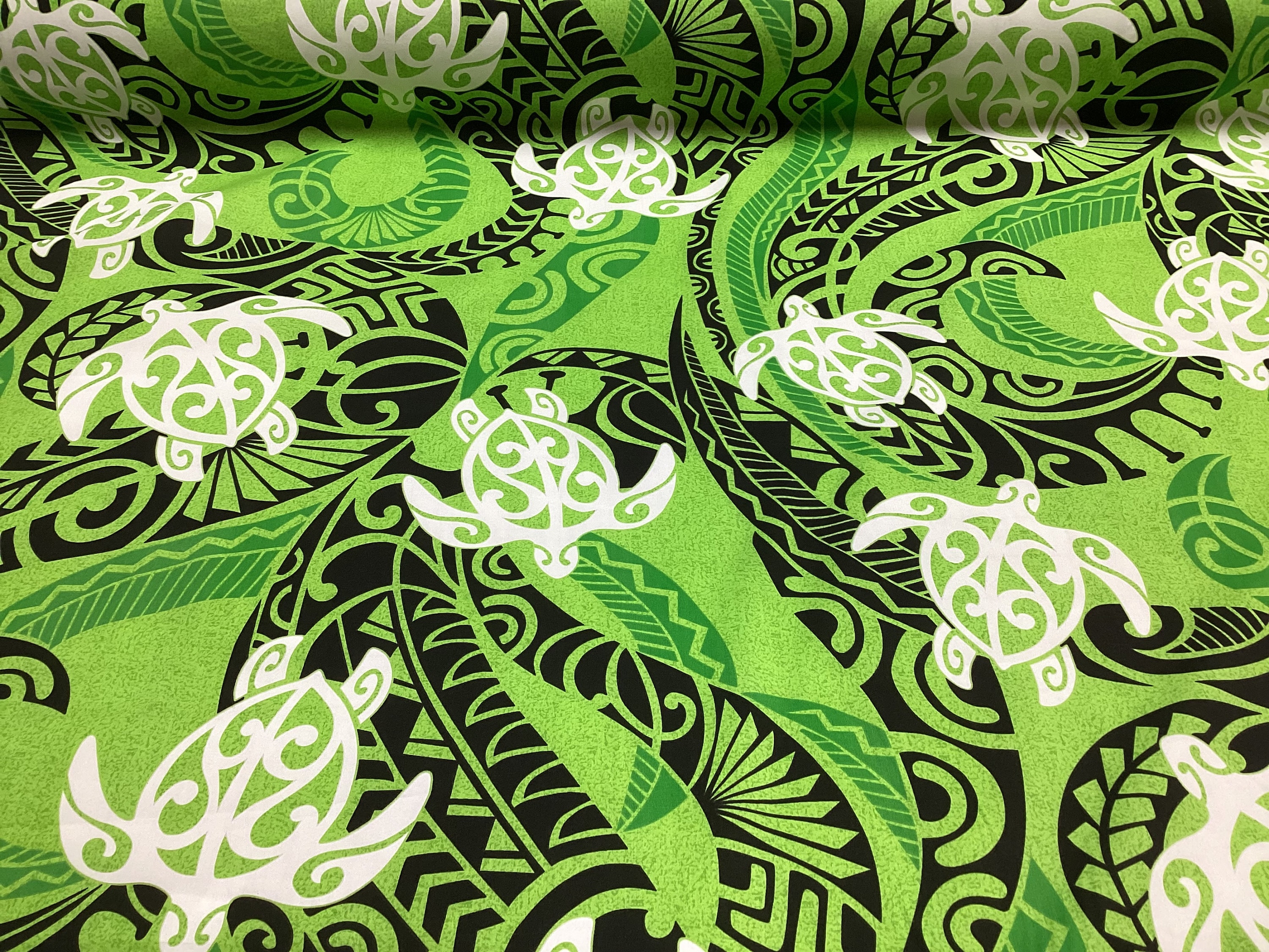 Green Tribal With Honu (turtle) Hawaiian Print Poly Cotton Fabric