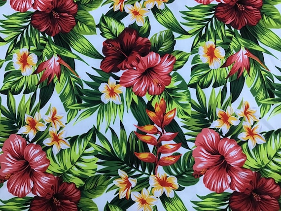 White Background Tropical Hawaiian Print Fabric 100% Cotton Sold