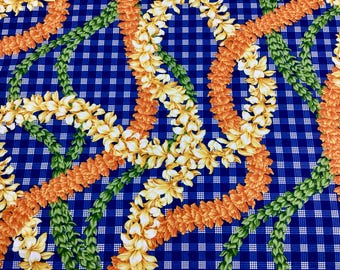 Beautiful Flower Leis on Printed Blue Palaka Hawaiian Print 100