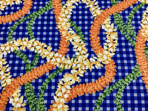 Beautiful Flower Leis on Printed Blue Palaka Hawaiian Print 100