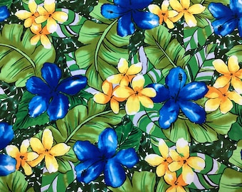 Plumeria and Hibiscus Tropical Hawaiian Print Fabric 100% Cotton Sold by the Yard