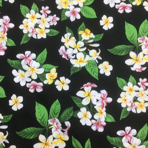 Black Plumeria Hawaiian Print Fabric 100% Cotton sold by the yard   (Yardage Available)