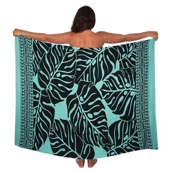 Kaufen Sie 5, erhalten Sie eine gratis!Leichtes großes Monstera Blatt mit Borten in Türkis / Schwarz Pareo (sarong) Lava Lava 100% Rayon Cover up