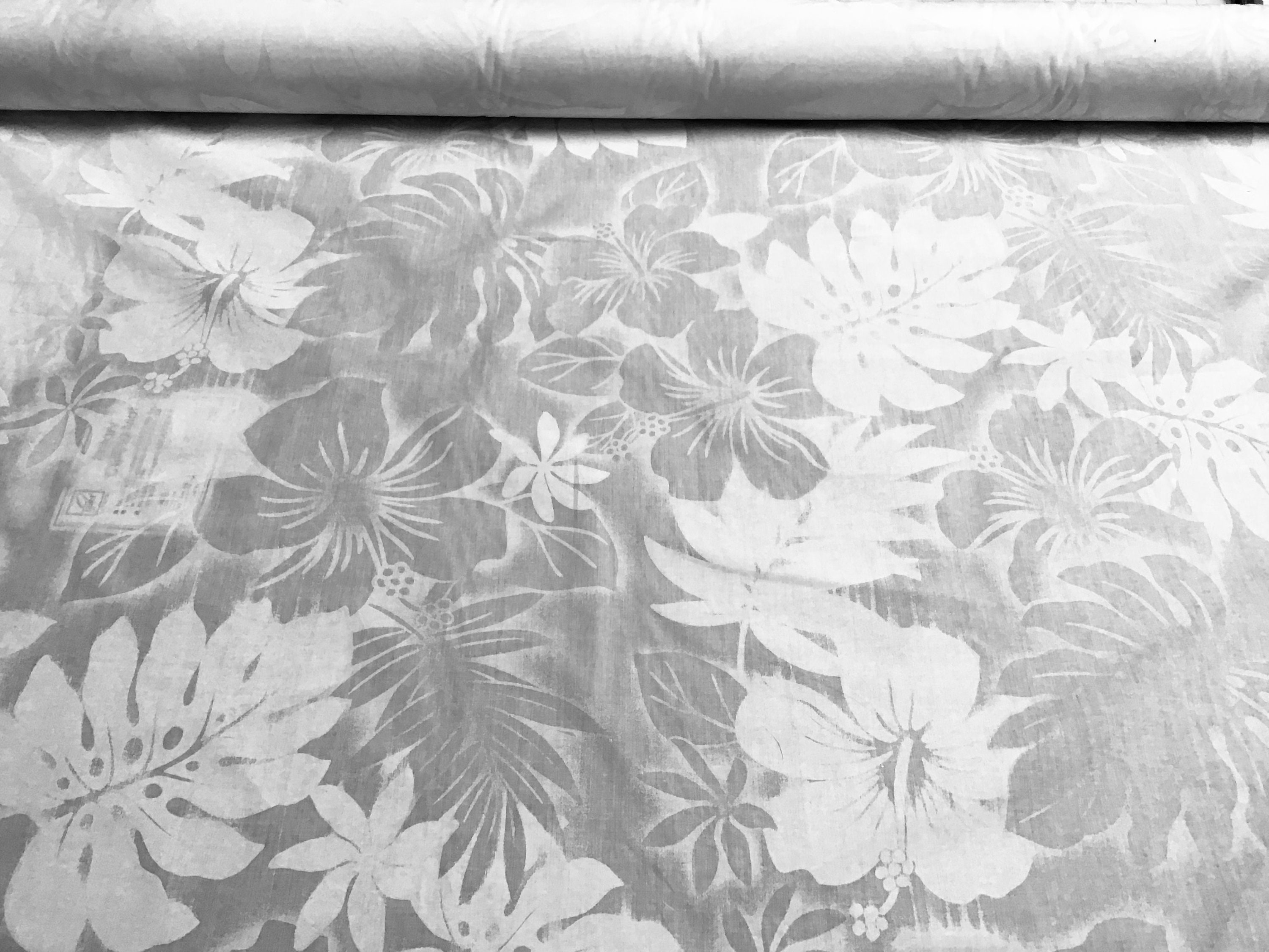 White on White Tropical Design #2 Hawaiian Print Fabric In Poly-Cotton Sold bu the Yard  (Yardage Available)