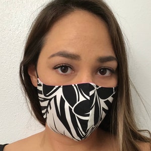 Adjustable Black and White Plumeria Hawaiian Print Face Mask One Size fits Most