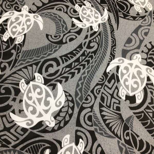 Gray Tribal with Honu (Turtle)  Hawaiian Print in Poly-Cotton  (Yardage Available)