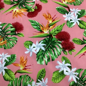Tropical Bird of Paradise, Lehua Blossom and Tiare Flowers  on Coral background Hawaiian Print Fabric 100% Cotton Sold by the yard