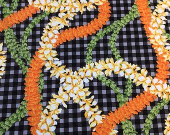Beautiful Flower Leis on Printed Black Palaka Hawaiian Print 100% Cotton Fabric Sold by the Yard