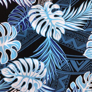 Blue Tribal with Monstera Leaf Hawaiian Print in Poly Cotton  (Yardage Available)