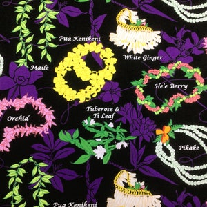 Flower Lei of the Pacific in Black Background 100 % Cotton Hawaiian Print  Fabric Sold by the Yard