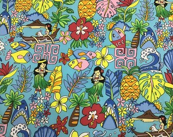 送料無料 通販 Print Hawaiian Local Fun Fabric Yard the by Sold Cotton 100% サーフィン・ボディボード